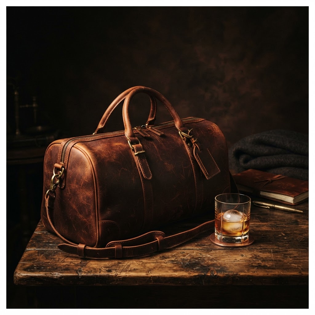 Heritage leather duffel bag with a glass of whiskey