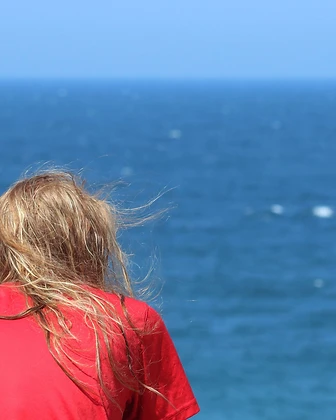 A person seen from behind, looking out over a deep blue ocean