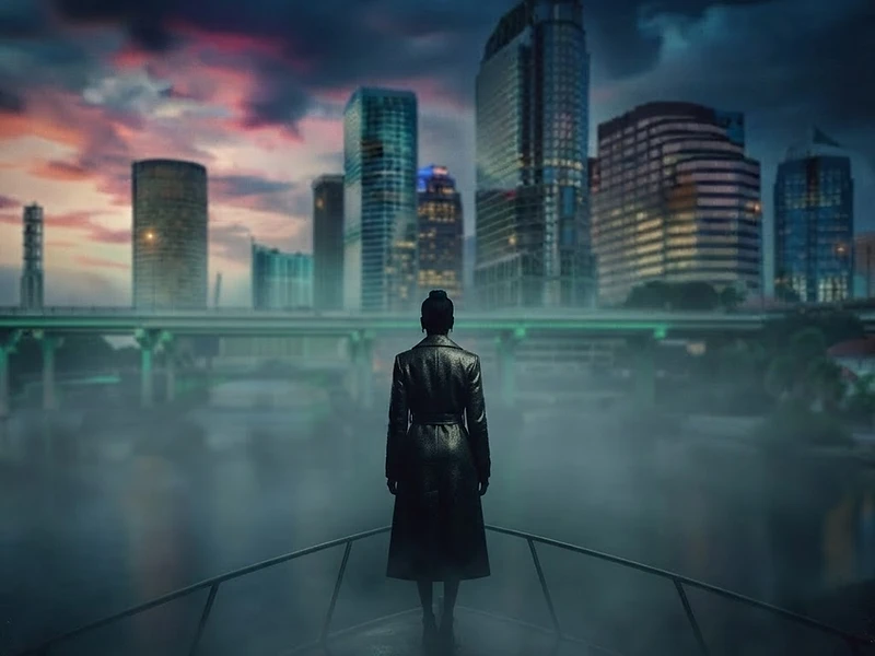 An elegant woman standing at the bow of a boat, overlooking the misty Tampa skyline