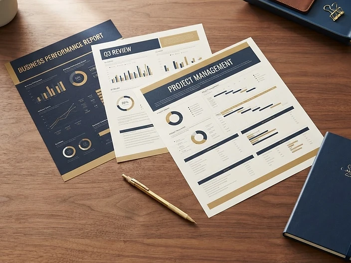 Escritorio con reportes empresariales