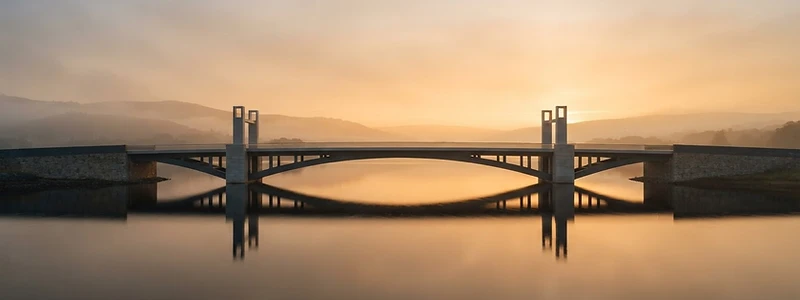 Paisaje minimalista con puente moderno al atardecer