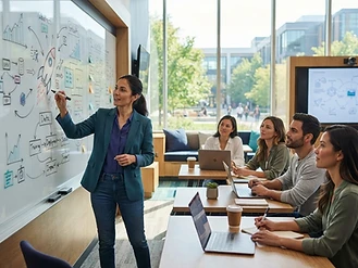 AI lecture studio with mentor sketching a startup roadmap