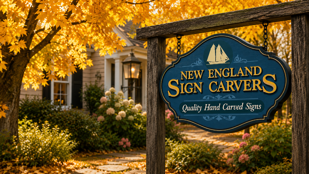 Hand carved wooden business sign on a post by New England Sign Carvers, finished with gold leaf lettering