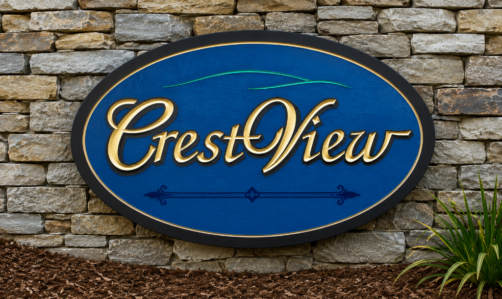 Hand carved wooden CrestView sign by New England Sign Carvers