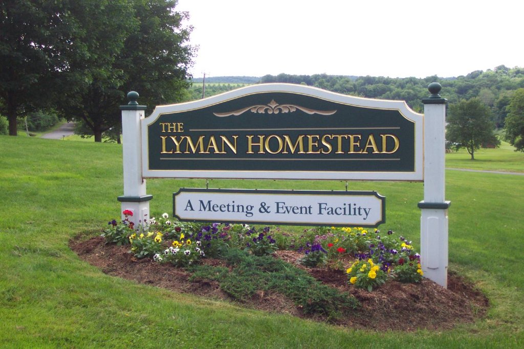 Hand carved wooden The Lyman Homestead sign by New England Sign Carvers