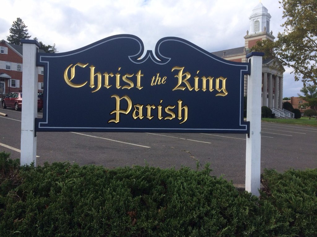 Hand carved wooden Christ the King Parish sign by New England Sign Carvers