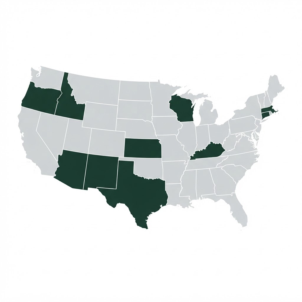 United States map highlighting the 9 states where Olmo Engineering PLLC holds PE licenses