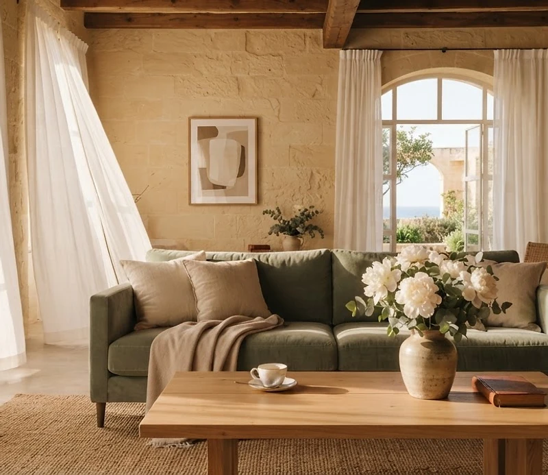 Luxury Mediterranean living room with warm stone walls, linen sofa and sunlight