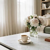 Coffee and fresh flowers on marble table