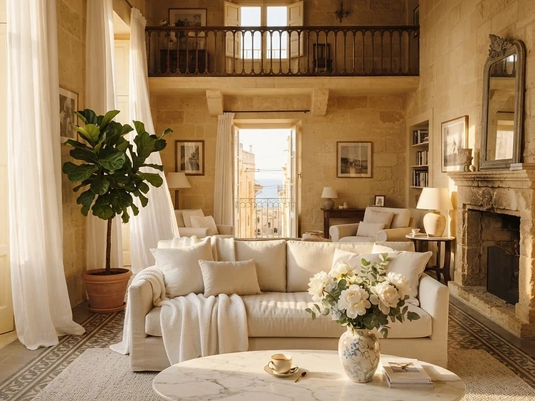 Sun-drenched luxury living room interior