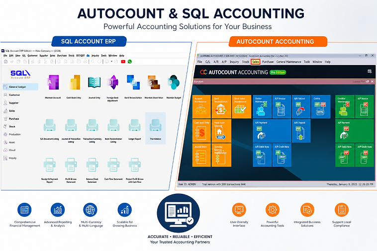 Novaone accounting software — AutoCount and SQL accounting dashboard