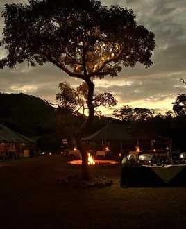 The boma at dusk: lantern-lit tree over the firepit and dining tents