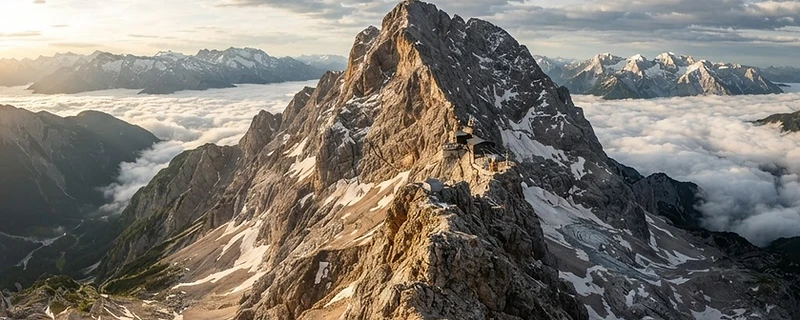 Gipfelgrat der Zugspitze im Alpenlicht mit Blick über Wolken und umliegende Gipfel