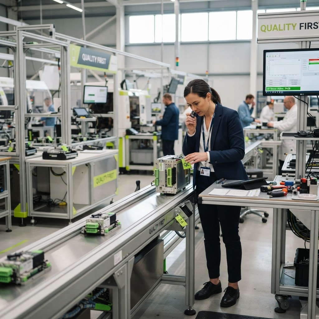 A quality inspector checking products on a modern production line.