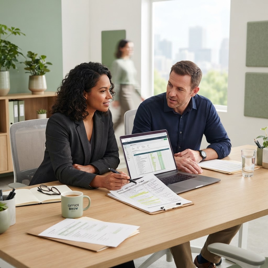 Two professionals reviewing an audit checklist together at a desk in a bright office.