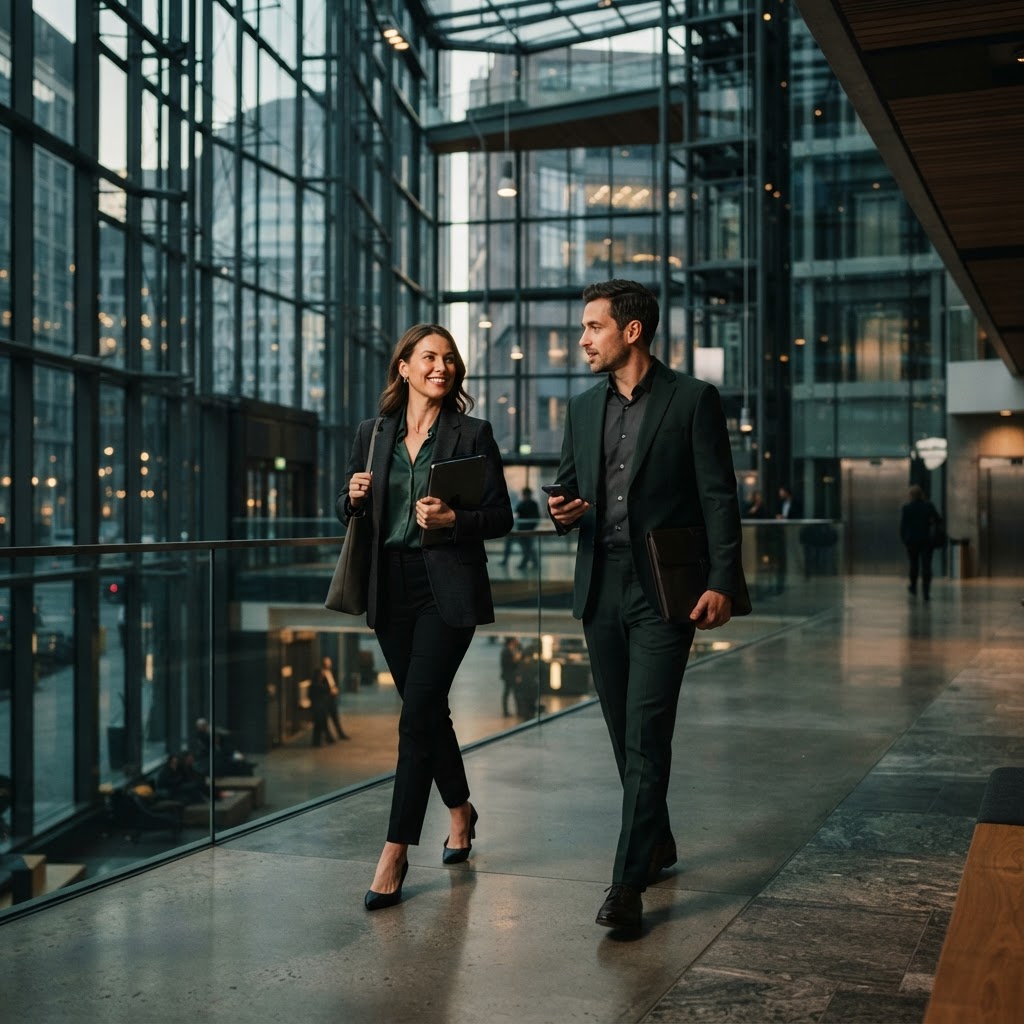 Two professionals walking through the atrium of a modern glass office building.