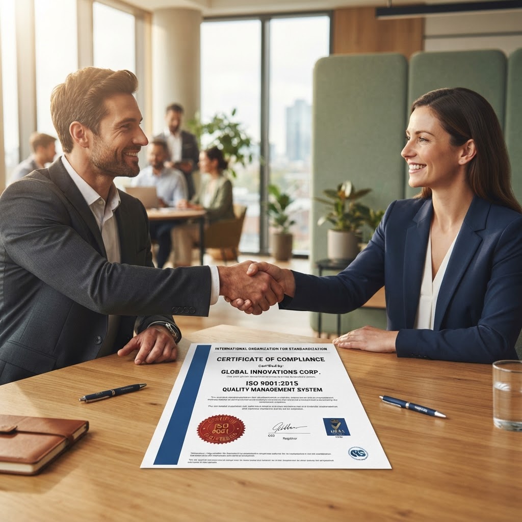 Two professionals shaking hands over an official ISO certificate in a modern office.