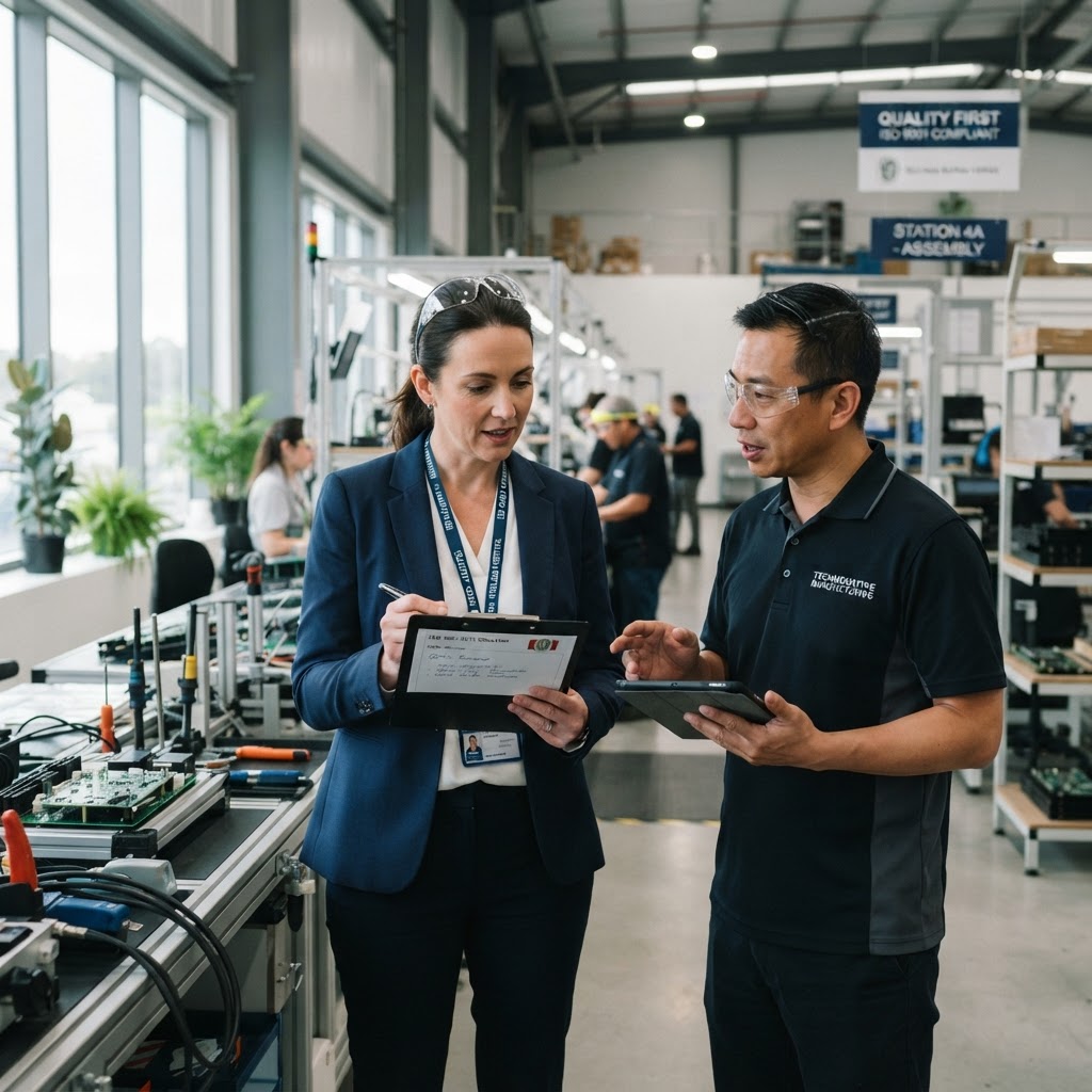 A certification auditor reviewing quality management processes in a modern manufacturing facility.