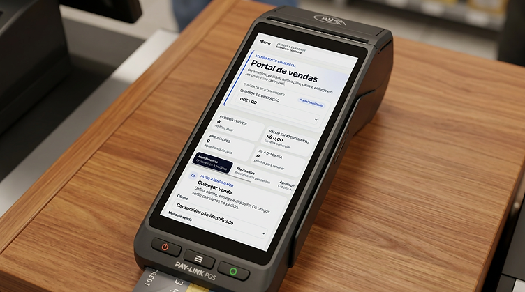 Terminal de pagamento com o portal de vendas Sistuno em uma bancada