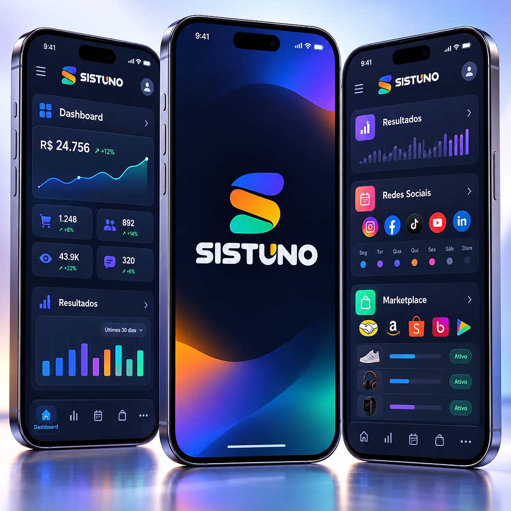 Mockup do aplicativo Sistuno em três celulares