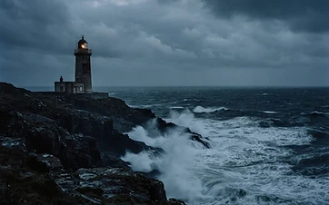 Lighthouse steady against a stormy sea at dusk
