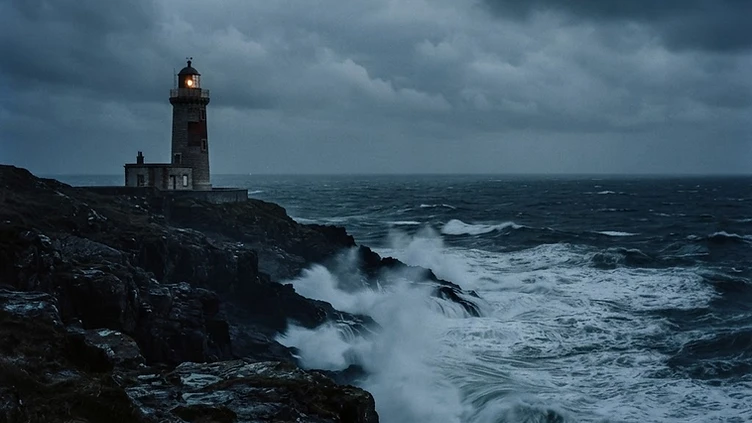 Lighthouse steady against a stormy sea at dusk