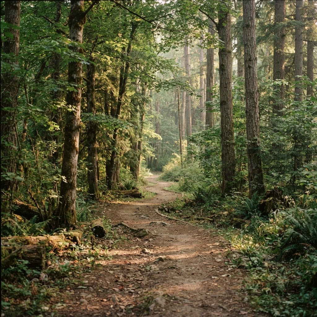 A serene wooded path through tall trees