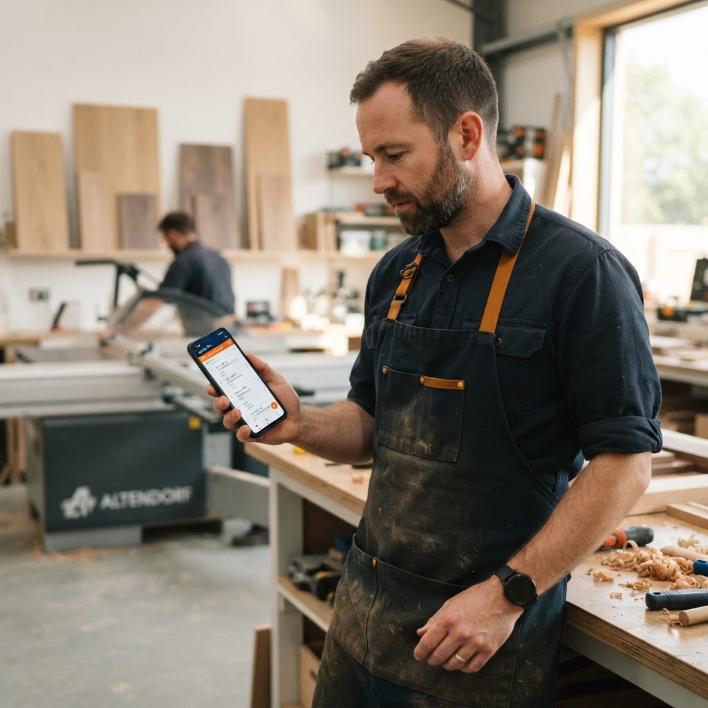 A joiner using Bespoke Cutlist on a phone in the workshop