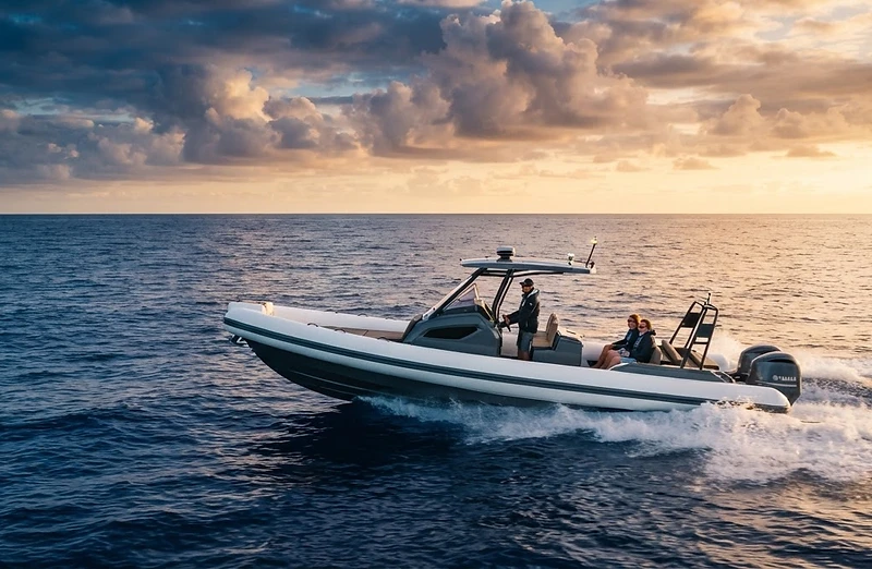 A DESNER boat on open ocean at golden hour