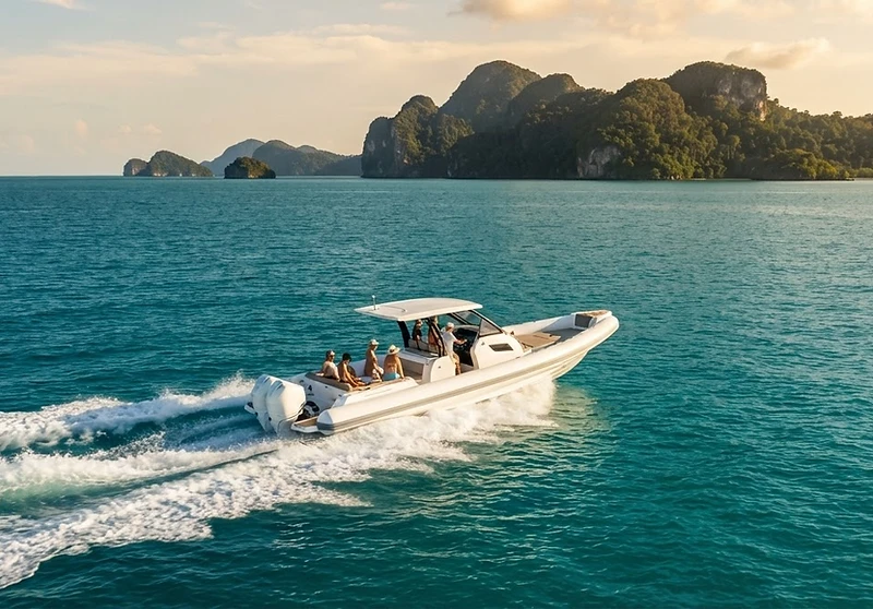 A DESNER rigid inflatable boat cruising through tropical Malaysian waters