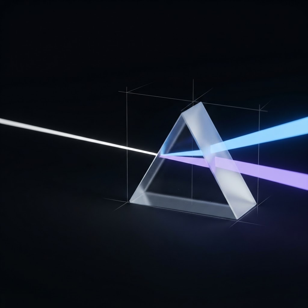 Refractive glass prism splitting signal orange light
