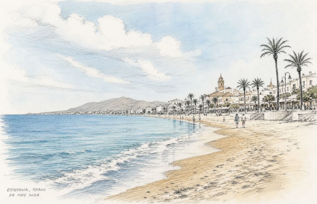 A pen, ink and watercolour sketch of the beach at Estepona, Spain — 24 May 2024.