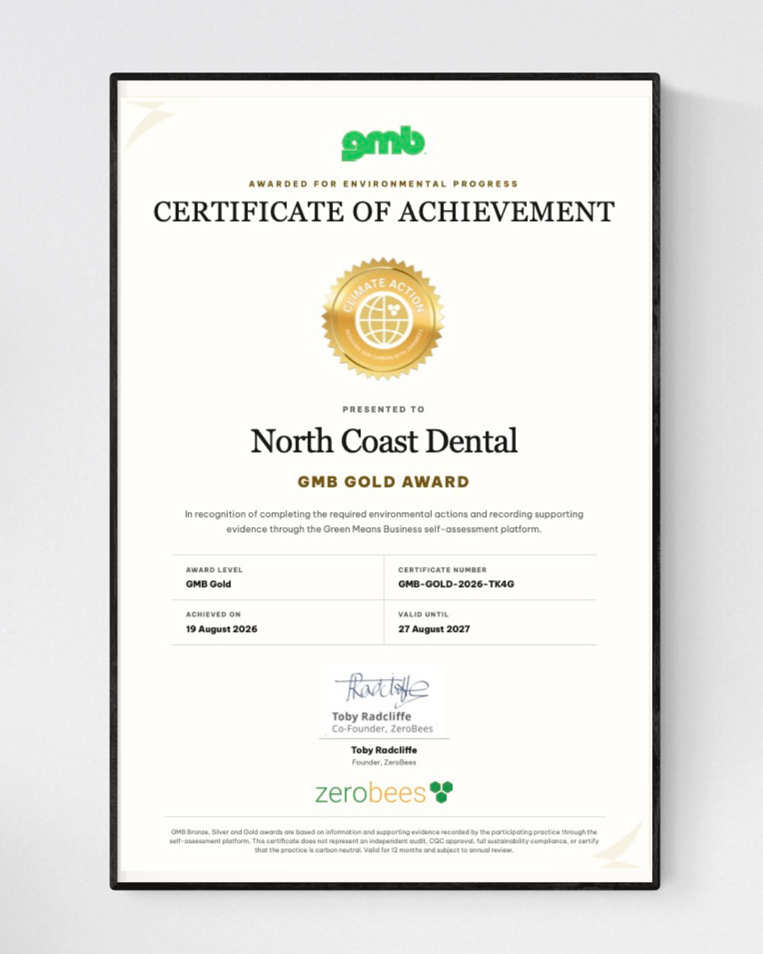 Example Green Means Business certificate — GMB Gold Award