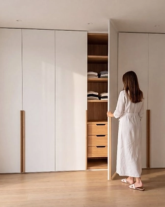 Interior en roble con cajoneras y estantes