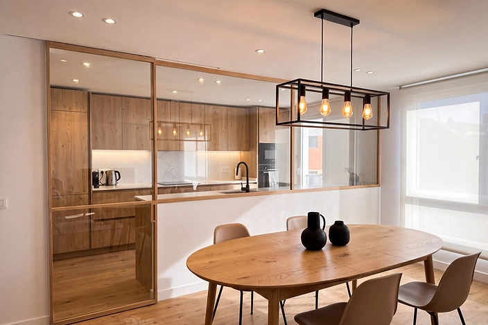 Modelo AIR — partición corredera de roble entre cocina y comedor