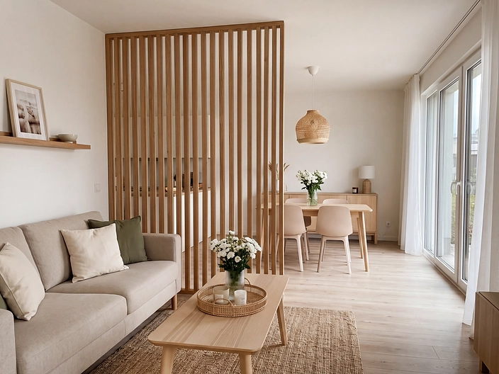 Pantalla de lamas de madera a techo separando salón y cocina
