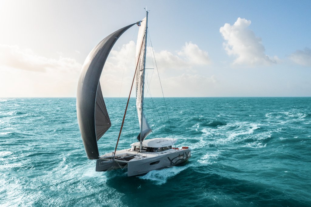 Excess 14 sailing catamaran at full speed on open water