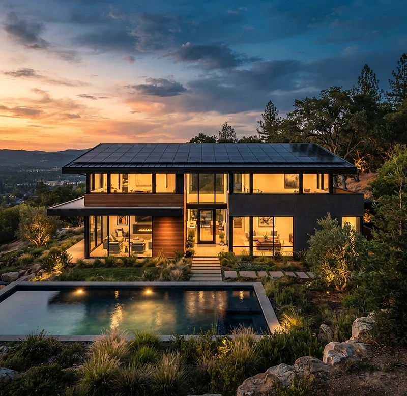 Modernes Haus mit voll belegter Solaranlage zur Dämmerung