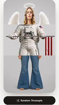 Screenshot of Threeople app showing a composite character with an angel head, astronaut torso, and bell-bottom jeans legs above a Random Threeople button