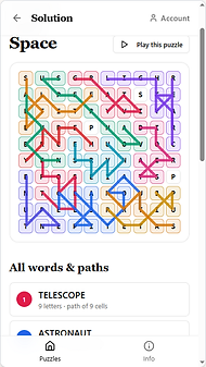 Screenshot of Dislodged Letters app showing the Solution screen with a 10x10 letter grid where words are traced by colored winding paths