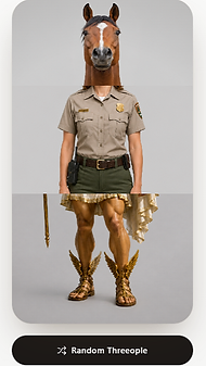 Screenshot of Threeople app showing a composite character with a horse head, park ranger torso, and winged-sandal legs above a Random Threeople button