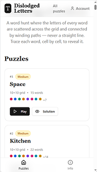 Screenshot of Dislodged Letters app showing the Puzzles screen with Space and Kitchen puzzle cards, each displaying grid size, word count, and colored path dots