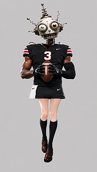 Threeople composite character with a retro metallic robot head, a black football jersey torso holding a football, and light-skinned legs in black socks and loafers