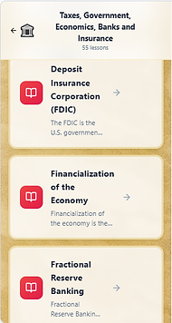 Screenshot of Allowance Lessons app listing Taxes, Government, Economics, Banks and Insurance lessons