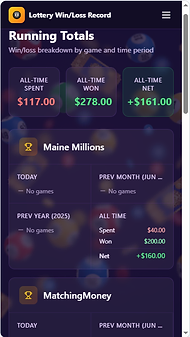 Screenshot of Lottery Win Loss Record app showing the Running Totals screen with all-time spent, won, and net breakdown by game