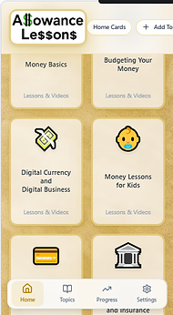 Screenshot of Allowance Lessons app showing the main topics grid with Money Basics, Budgeting, and lesson cards