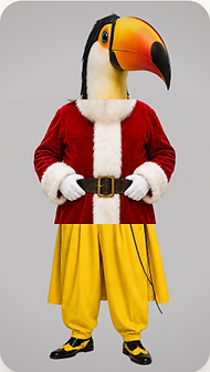 Threeople composite character with a toucan head, a red Santa coat torso with white fur trim, and bright yellow wide-leg trousers with two-tone dress shoes