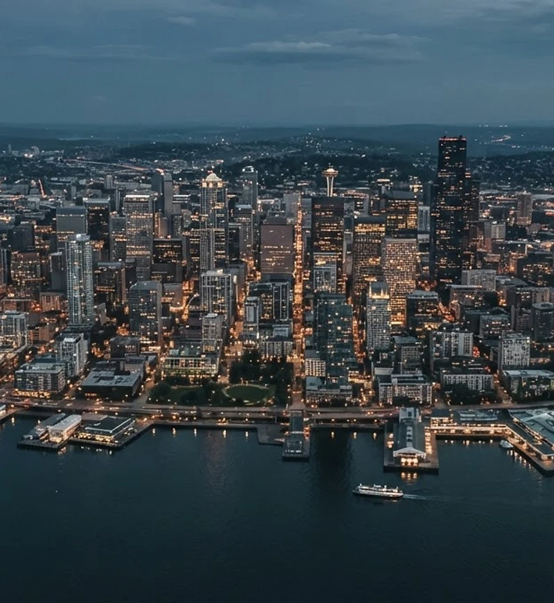 Aerial view of a Tier-1 US city growth corridor at blue hour