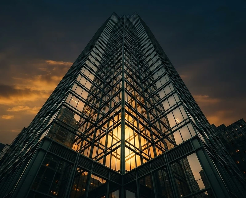 Modern glass commercial tower facade at sunset