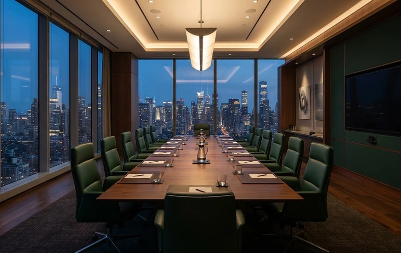 Corporate boardroom overlooking a city skyline at dusk